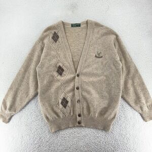 Vintage Lyle & Scott Lambswool Cardigan Sweater Mens Large Beige Argyle Knit 90s